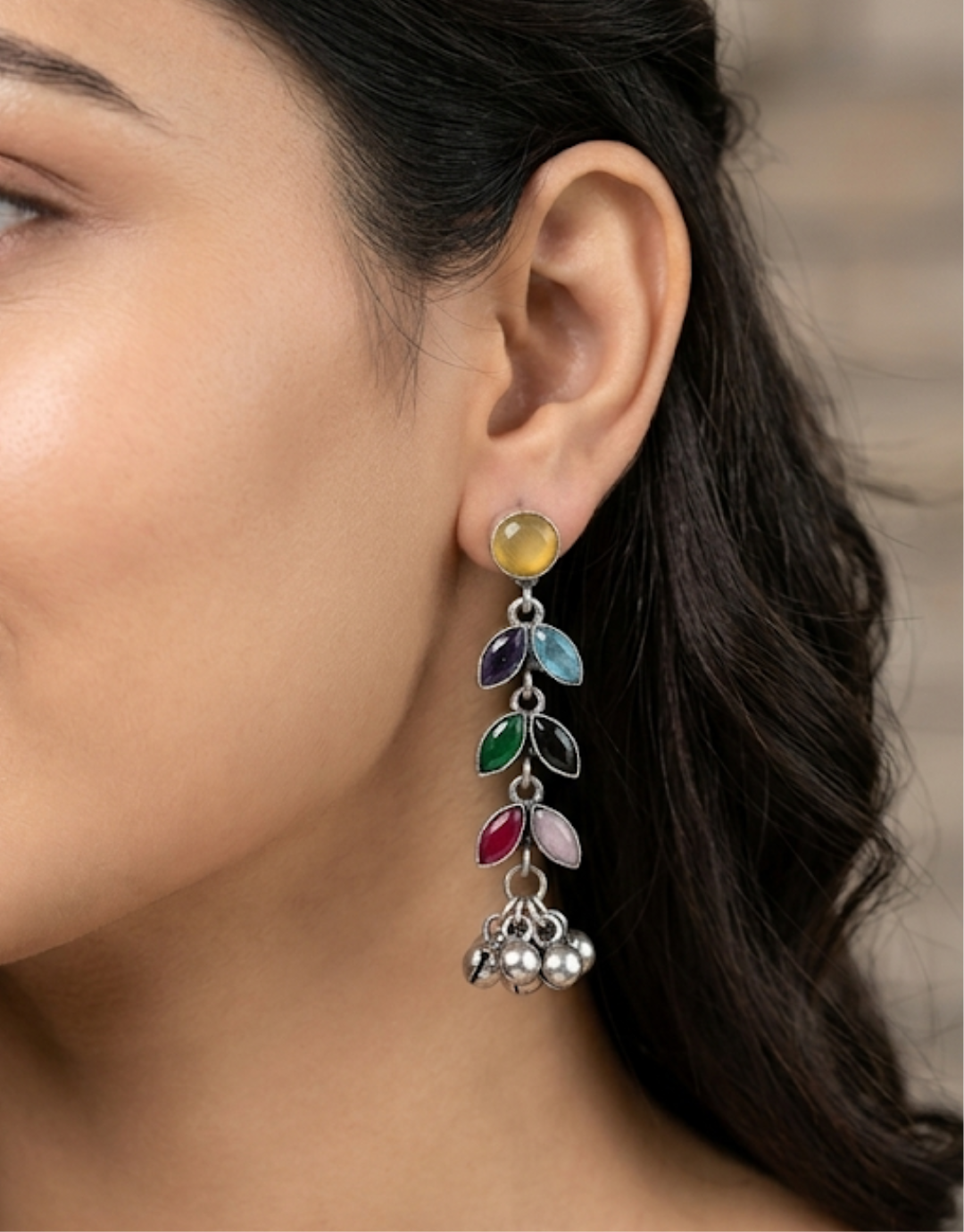 Multi-Color Stone Silver Oxidized Jhumka Earrings – Boho Leaf Drop Design with Metallic Ghungroo