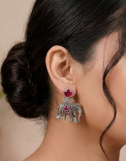 Oxidized Silver Elephant Motif Earrings with Ruby Pink Accents