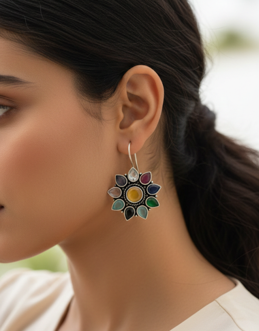 Multi-Gemstone Flower Drop Earrings in Sterling Silver