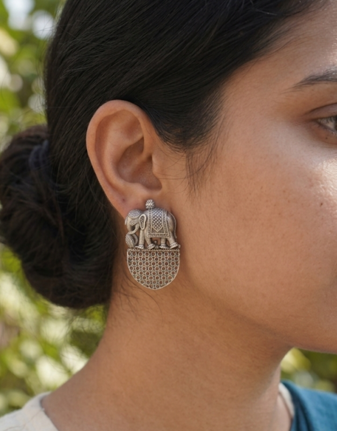 Heritage Elephant Motif Studs – Oxidized Silver Filigree Earrings