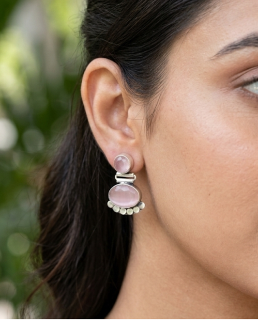 Vintage-Inspired Rose Quartz & Sterling Silver Tiered Drop Earrings