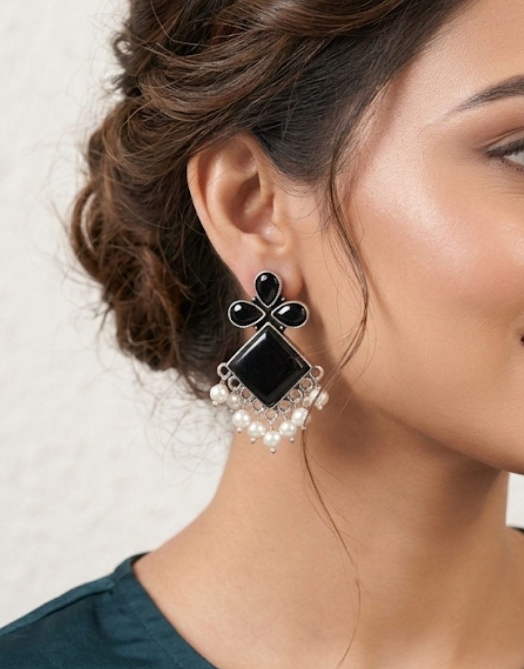 Black Stone Geometric Stud Earrings with Pearl Droplets | Oxidized