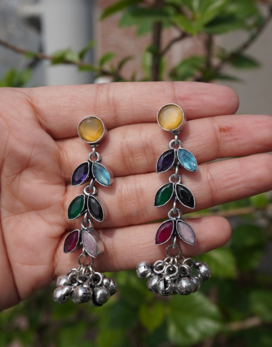 Multi-Color Stone Silver Oxidized Jhumka Earrings – Boho Leaf Drop Design with Metallic Ghungroo