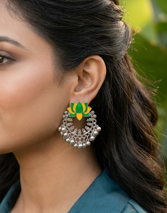 Lotus Enamel Silver Chandbali Earrings