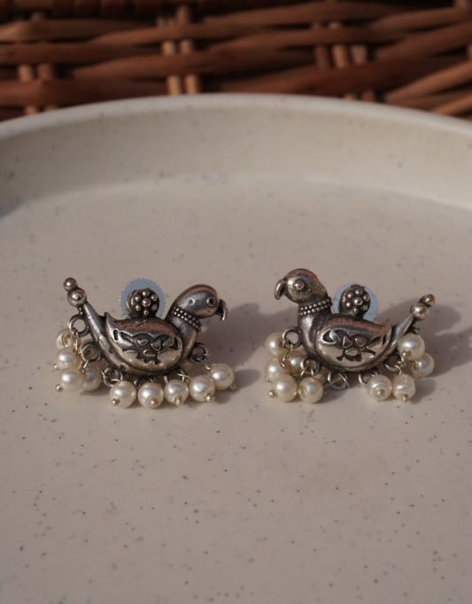 Sterling Silver Bird Motif Studs with Pearl Droplets