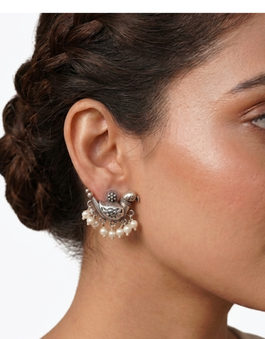 Sterling Silver Bird Motif Studs with Pearl Droplets