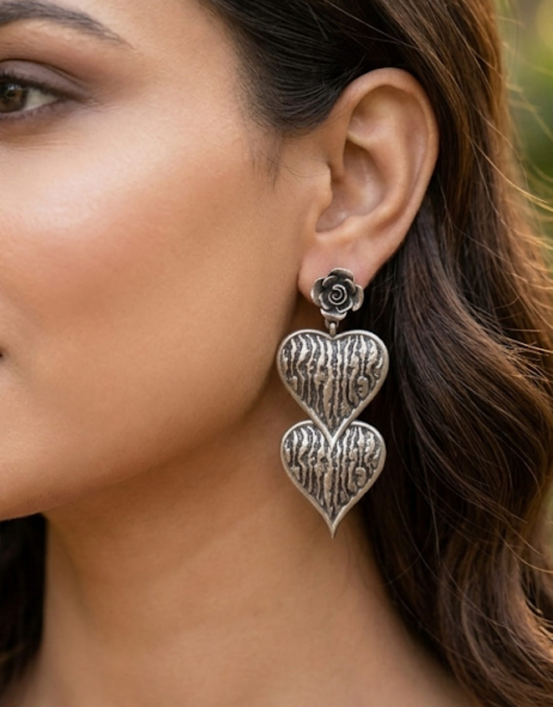 Oxidized Silver Double Heart Rose Earrings