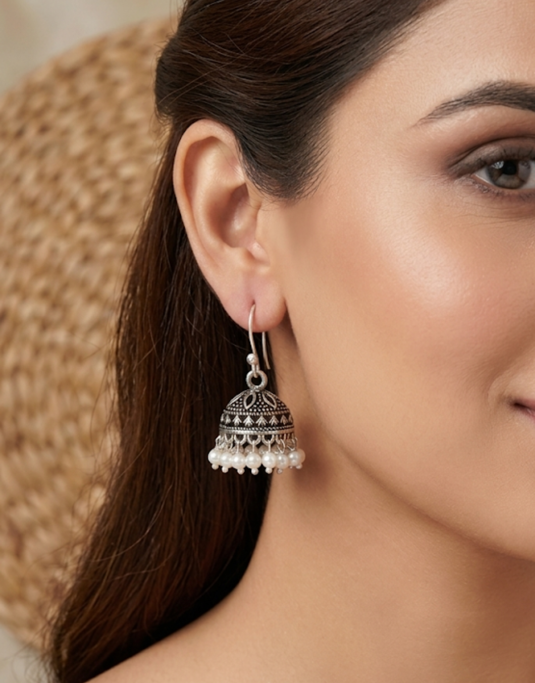 Silver Oxidized Bell Jhumki Earrings with Delicate White Pearls