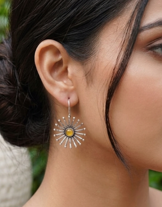 Sunburst Drop Earrings with Amber Yellow Stone | Oxidised Silver