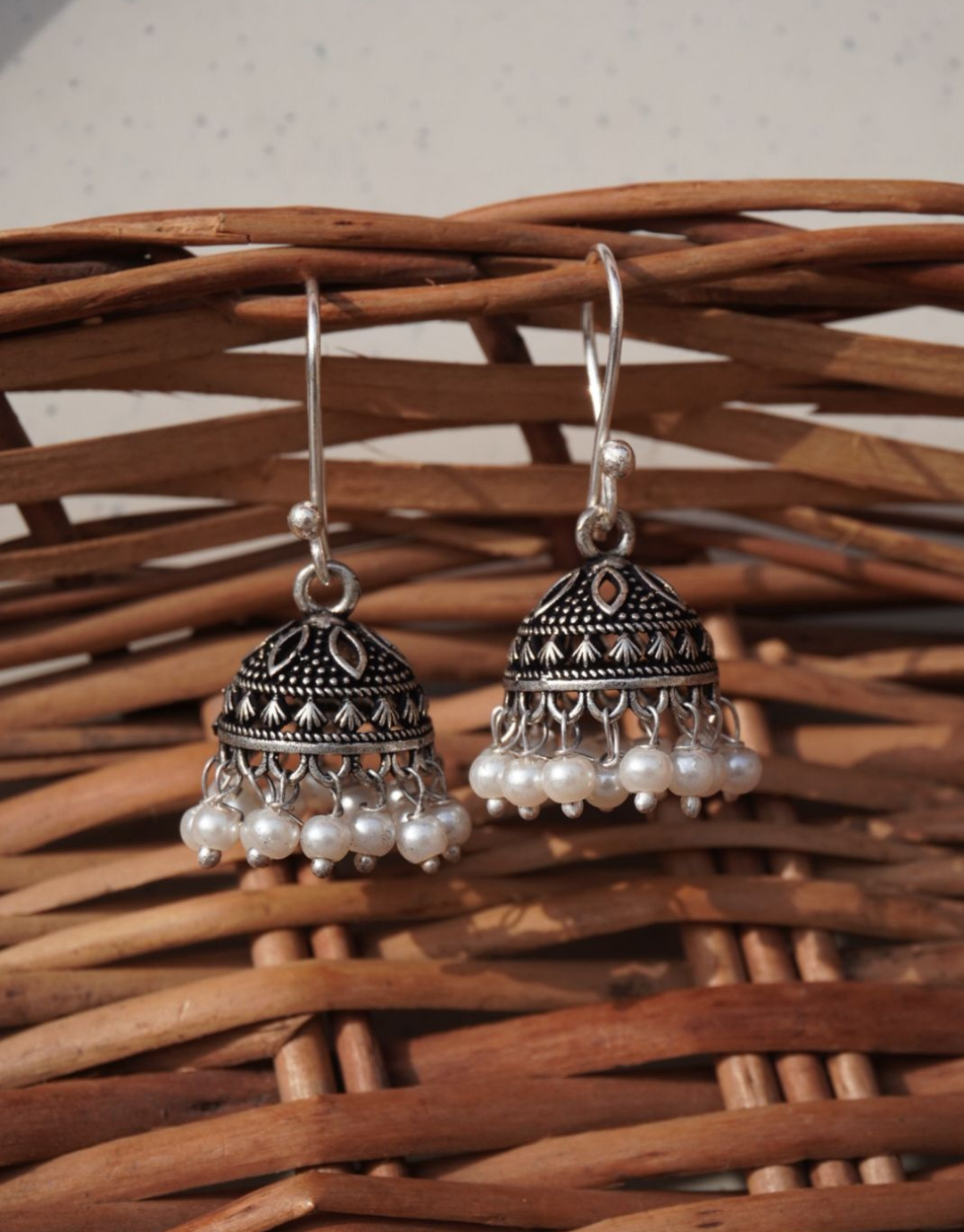 Silver Oxidized Bell Jhumki Earrings with Delicate White Pearls