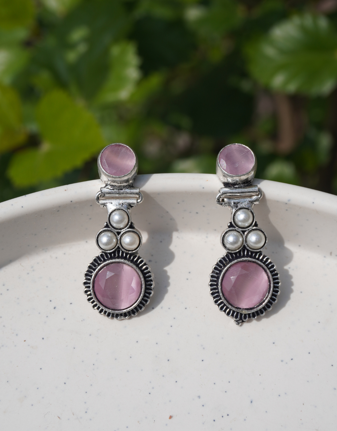 Women’s Pink Stone and Pearl Dangle Earrings - Oxidized Silver Indian Style Jewelry