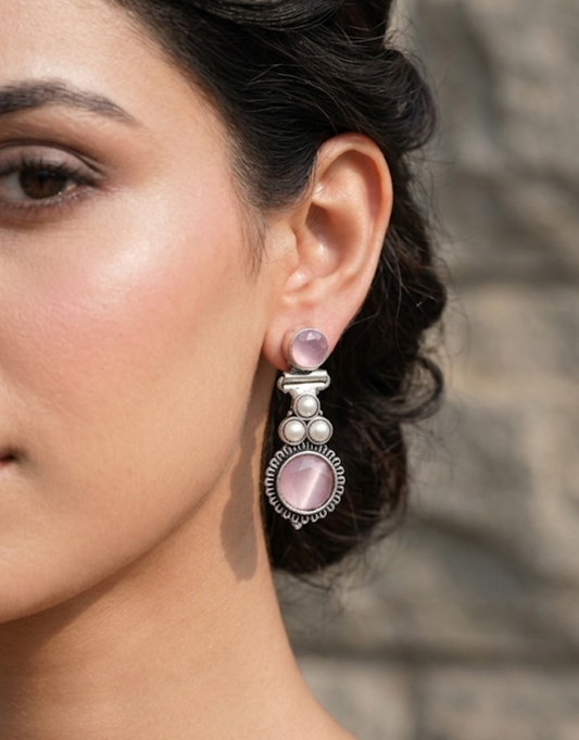 Women’s Pink Stone and Pearl Dangle Earrings - Oxidized Silver Indian Style Jewelry