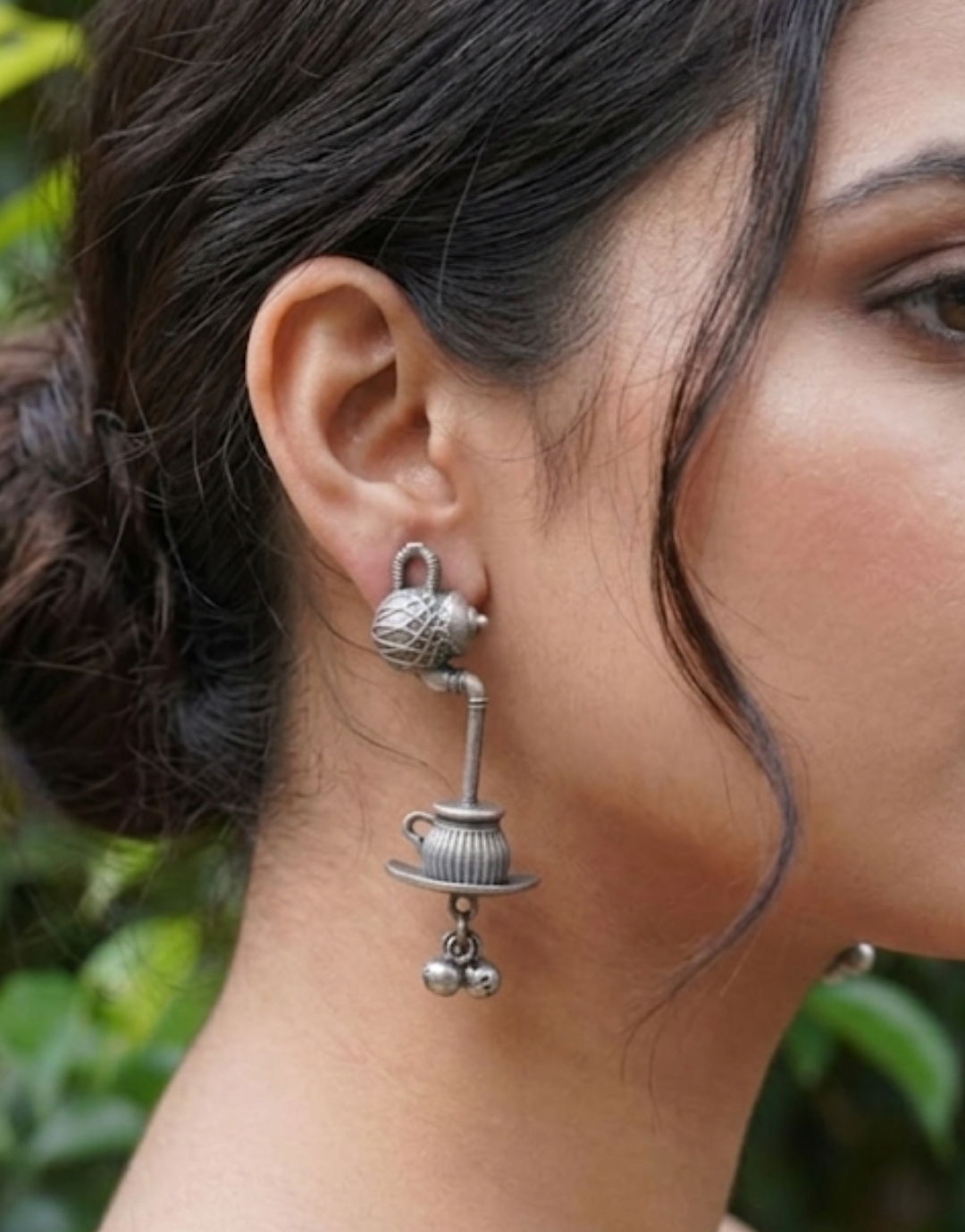 Quirky Oxidized Silver Teapot & Saucer Earrings with Ghungroo Bells