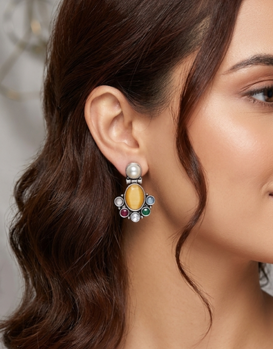 Multi-Stone Statement Earrings with Pearl Stud & Honey Resin Center | Oxidized Silver