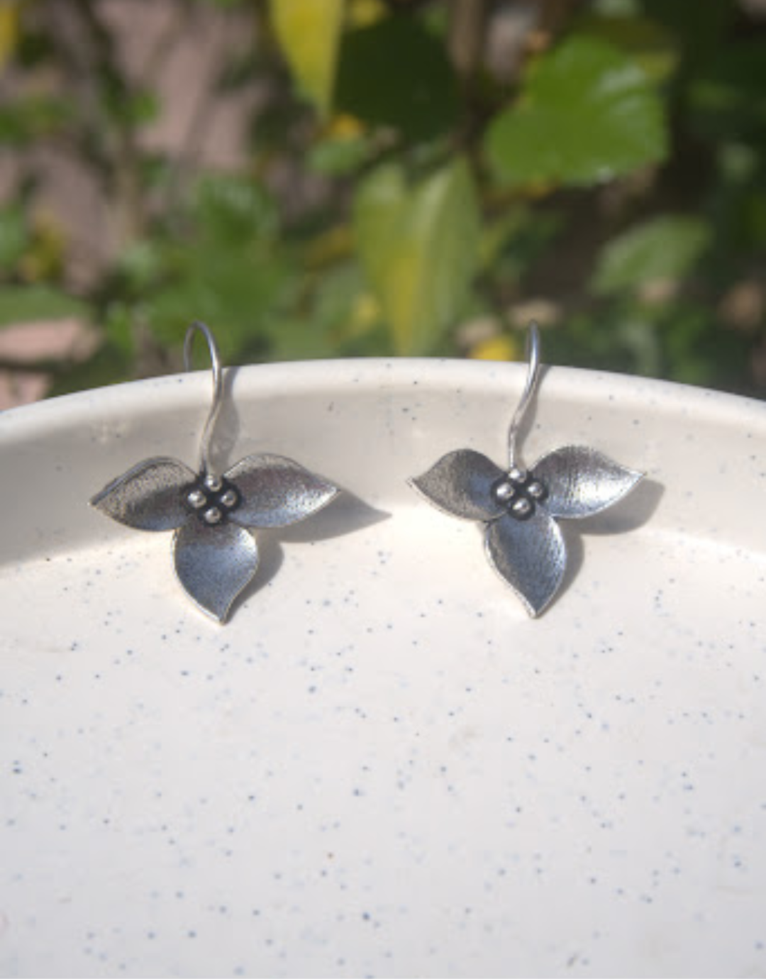Oxidized Silver Floral Trio Earrings – Vintage-Inspired Petal Drop Hooks