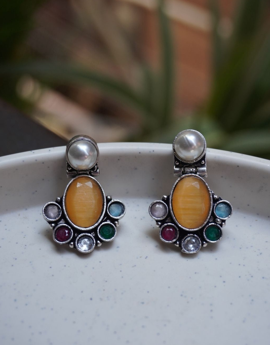 Multi-Stone Statement Earrings with Pearl Stud & Honey Resin Center | Oxidized Silver