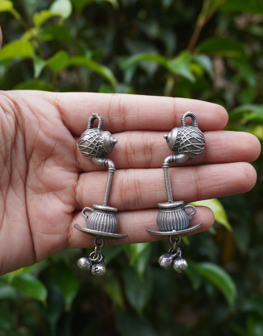 Quirky Oxidized Silver Teapot & Saucer Earrings with Ghungroo Bells