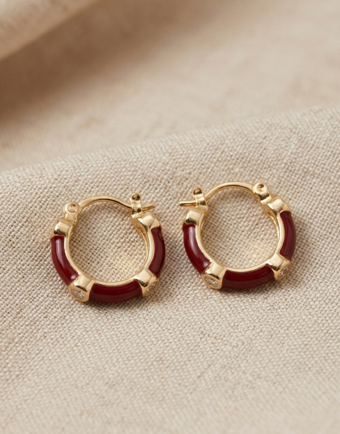 Crimson Enamel Huggie Hoops with Crystal Accents