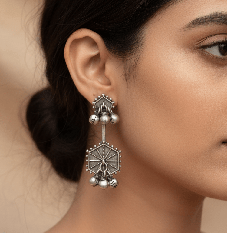 Hexagonal Patterned Silver Statement Earrings