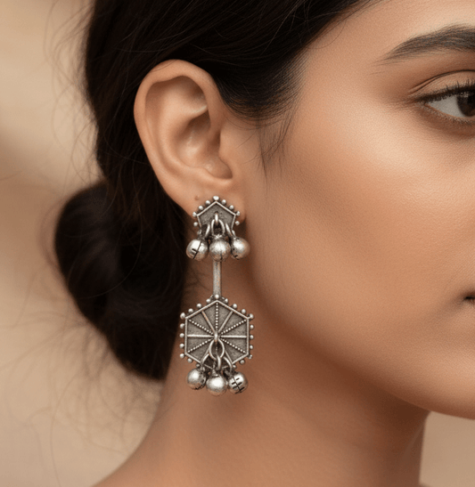Hexagonal Patterned Silver Statement Earrings