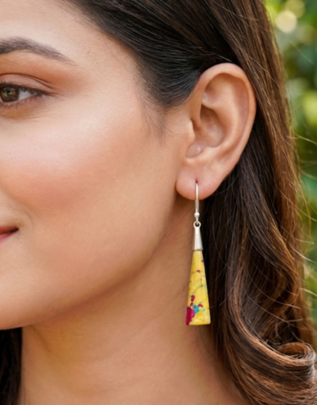 Yellow Mosaic Stone Drop Earrings - Vibrant Multi-Color Inlay in Sterling Silver Hooks