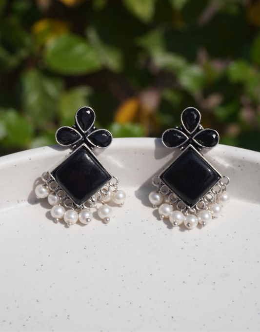 Black Stone Geometric Stud Earrings with Pearl Droplets | Oxidized