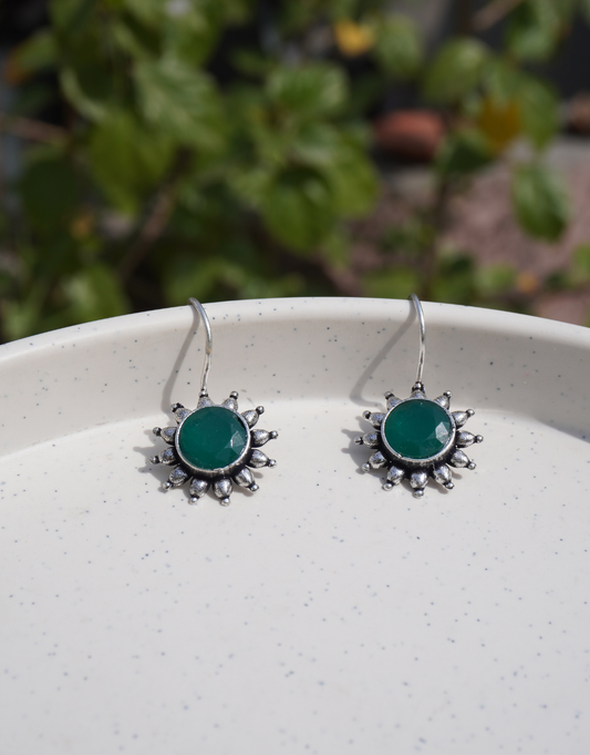 Tribal Fusion Sunburst Earrings – Antique Silver Finish with Faceted Gemstone