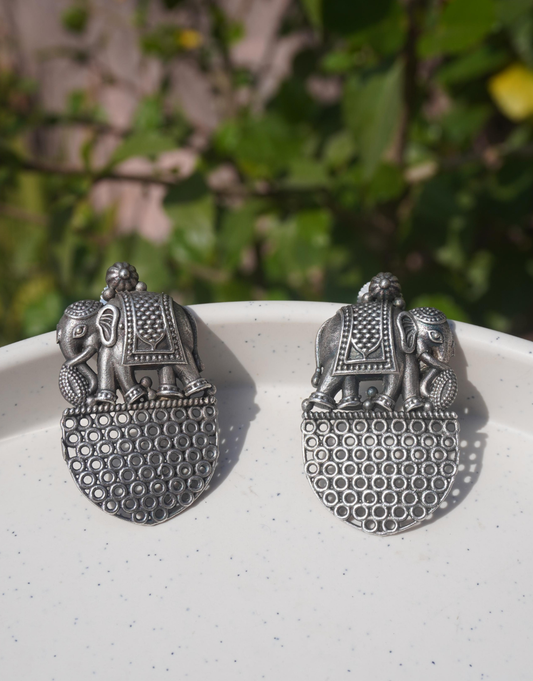 Heritage Elephant Motif Studs – Oxidized Silver Filigree Earrings