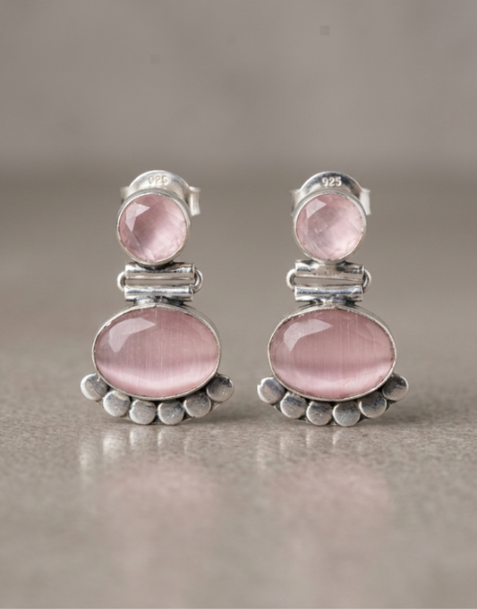Vintage-Inspired Rose Quartz & Sterling Silver Tiered Drop Earrings