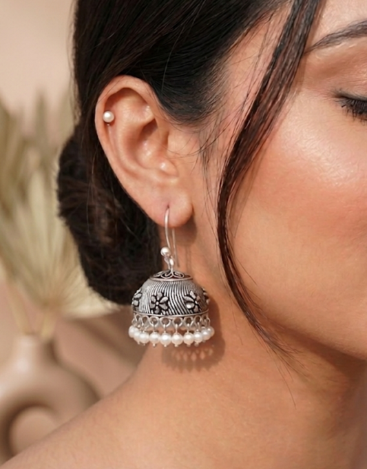 Oxidized Silver Jhumka Earrings with Delicate Pearl Drops