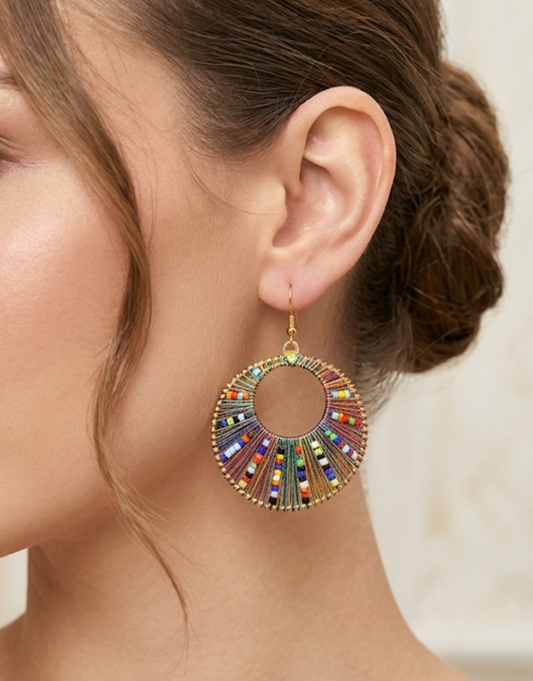Rainbow Thread-Work Hoop Earrings with Colorful Seed Bead Accents