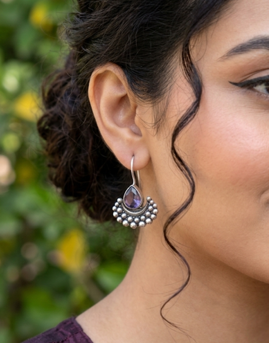 Amethyst-Tone Teardrop Chandbali Earrings in Oxidized Silver Finish