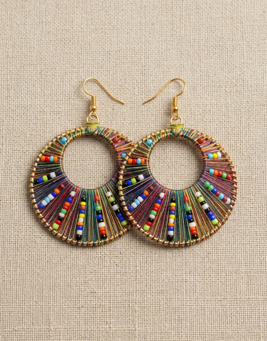 Rainbow Thread-Work Hoop Earrings with Colorful Seed Bead Accents