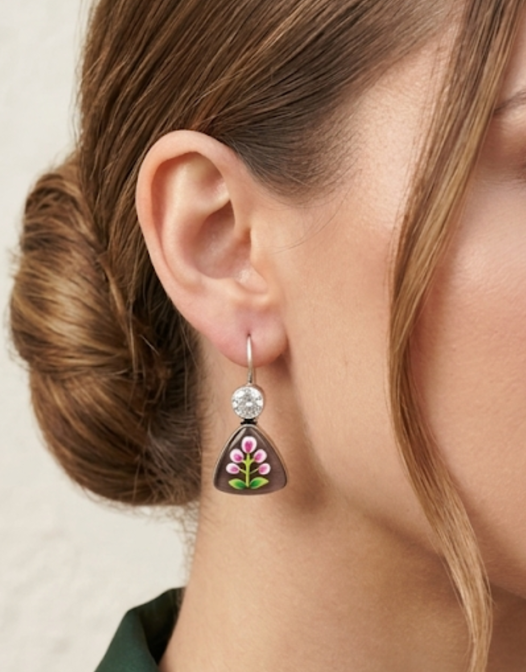Painted Floral Meenakari Triangle Drop Earrings with Crystal Accent