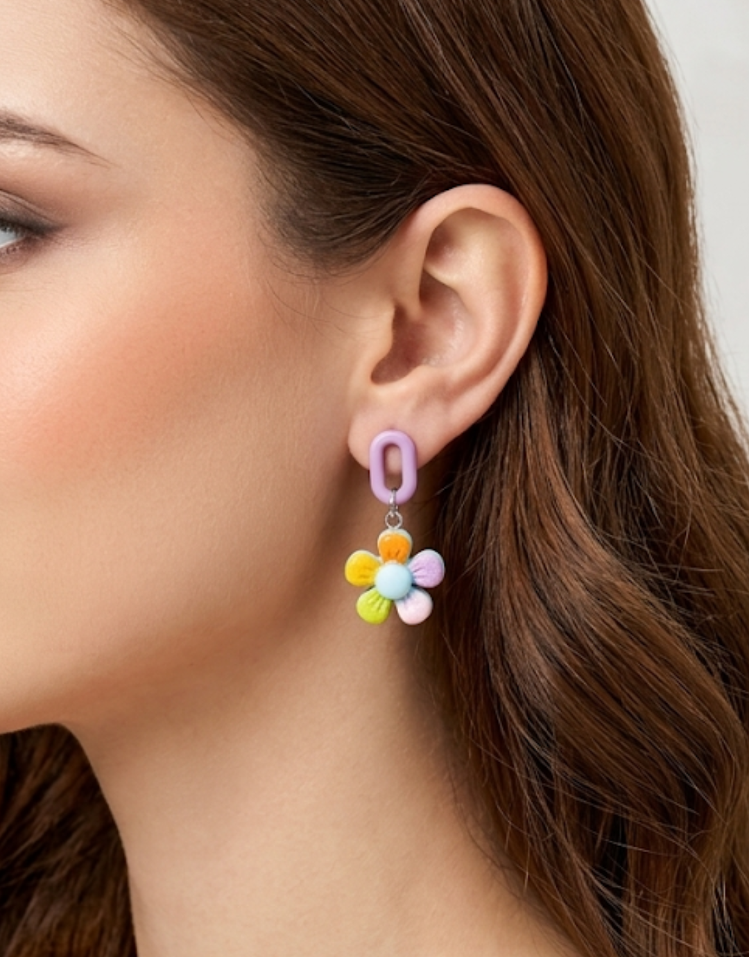 Pastel Rainbow Daisy Drop Earrings with Lilac Hoops