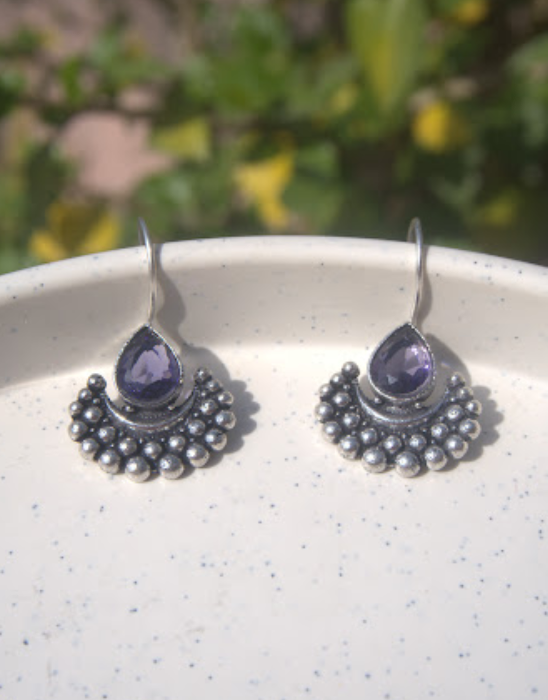 Amethyst-Tone Teardrop Chandbali Earrings in Oxidized Silver Finish
