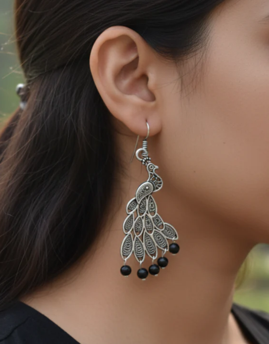 Oxidised Peacock Drop Earrings with Beads