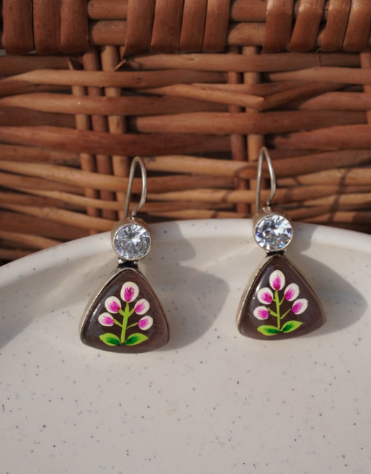 Painted Floral Meenakari Triangle Drop Earrings with Crystal Accent