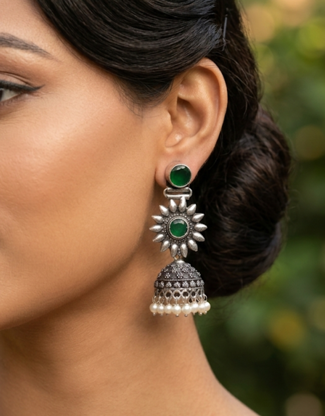 Green Stone Floral Jhumka Earrings with Pearl Droplets
