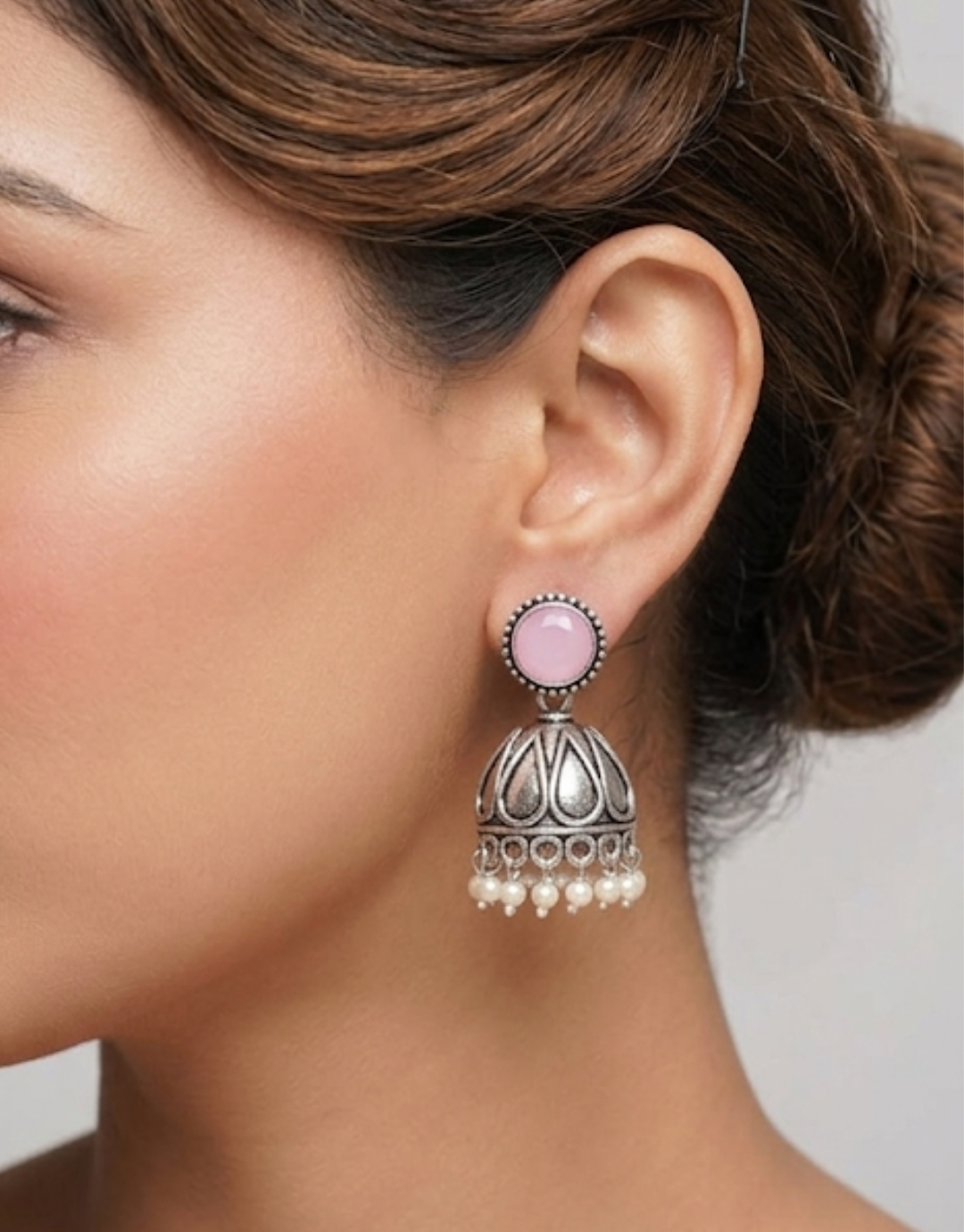 Pastel Pink Stud Oxidized Jhumka Earrings