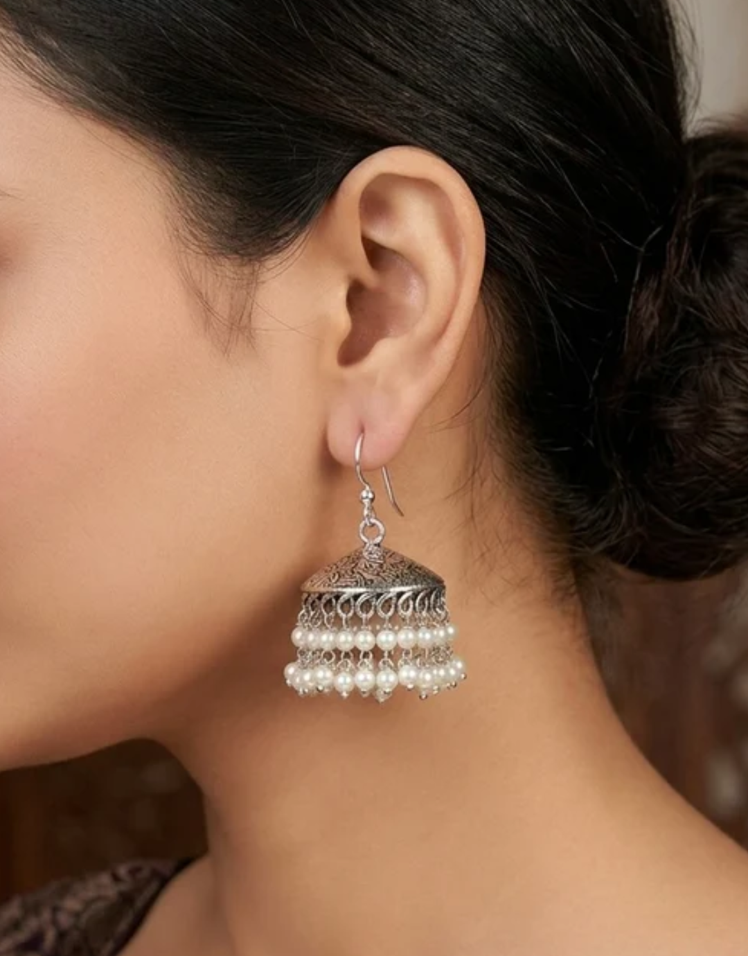 Double-Layered Pearl Oxidized Silver Jhumkas – Handcrafted Floral Engraved Earrings