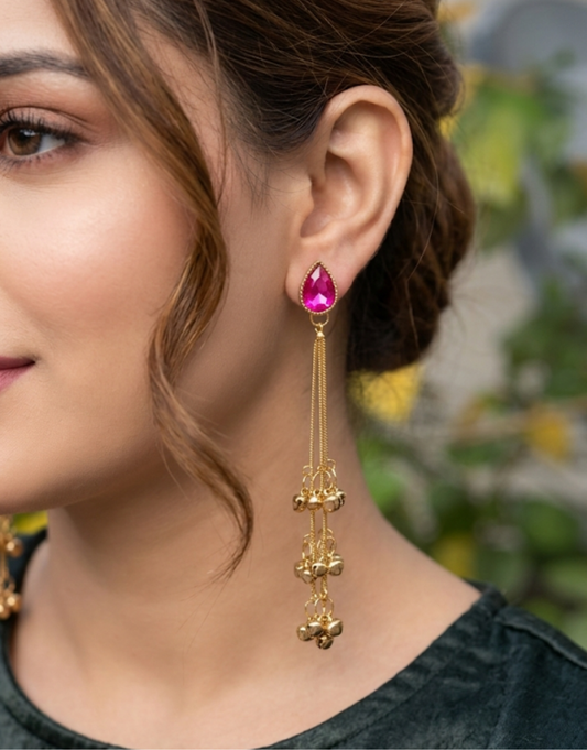 Vibrant Pink Teardrop Crystal Long Tassel Kashmiri Earrings with Golden Bell Accents