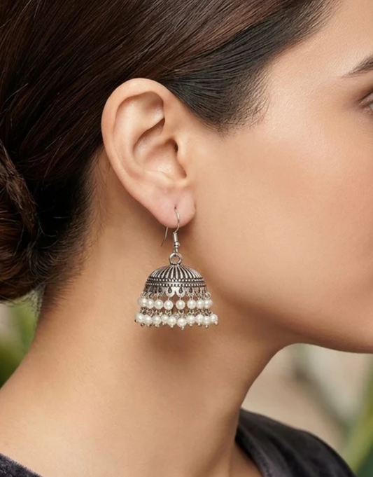 Striated Oxidized Silver Jhumkas – Double Layer Pearl Drop Ethnic Earrings