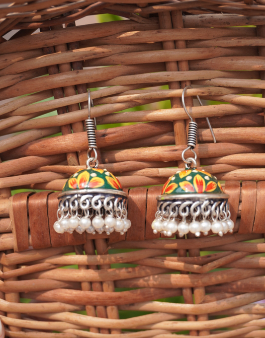 Green Meenakari Floral Jhumka Earrings with Pearl Droplets