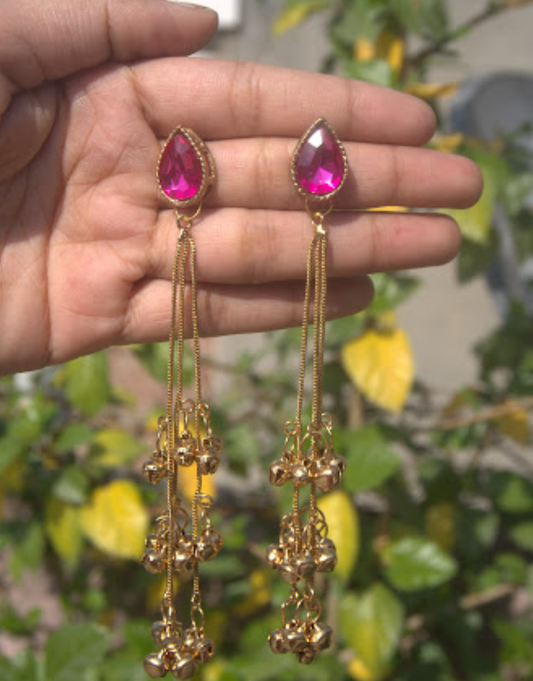 Vibrant Pink Teardrop Crystal Long Tassel Kashmiri Earrings with Golden Bell Accents