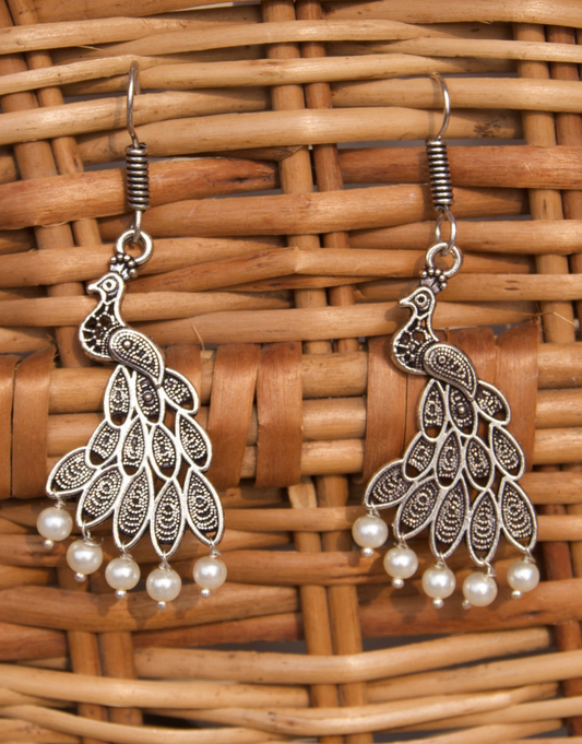 Oxidised Peacock Drop Earrings with Beads