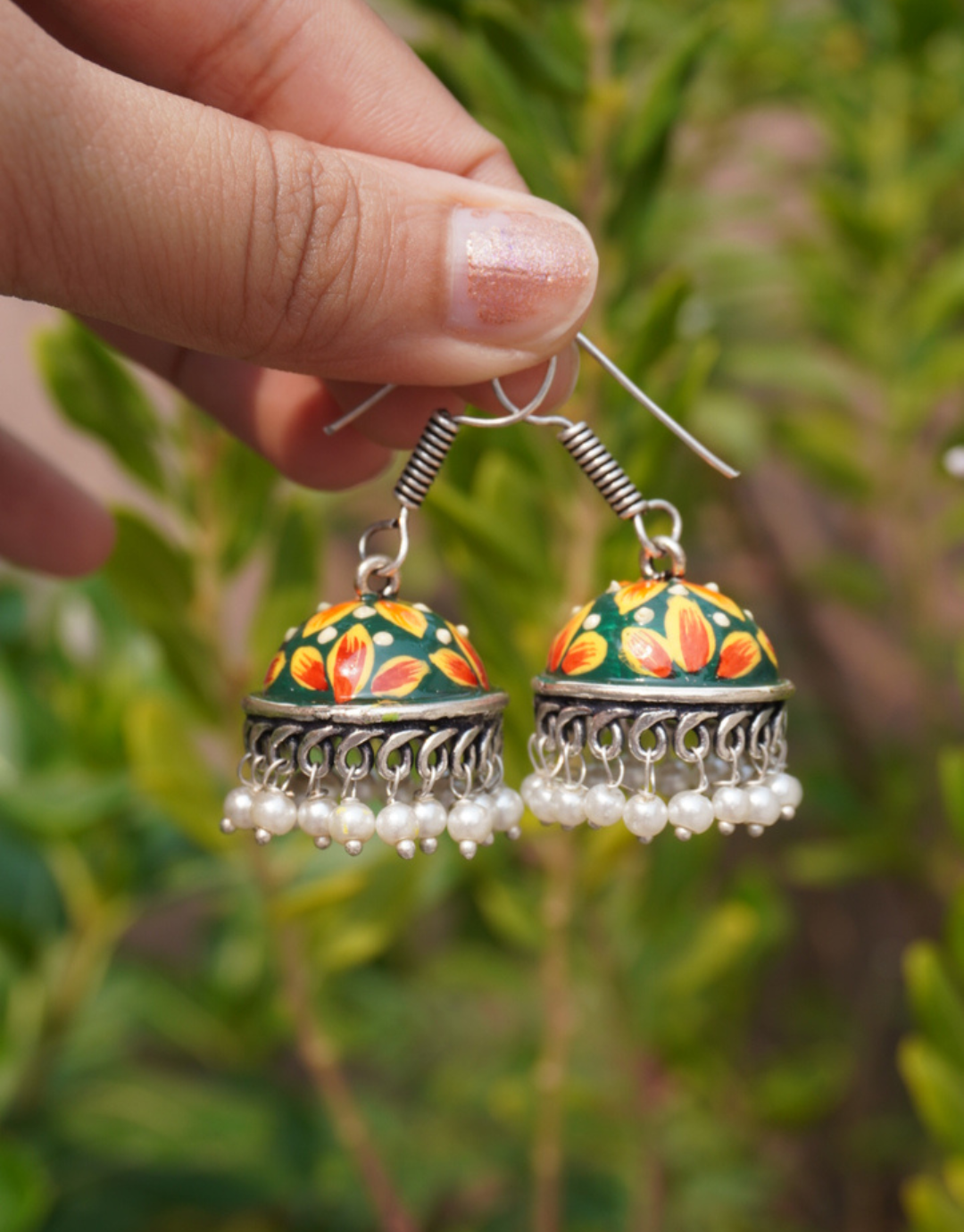 Green Meenakari Floral Jhumka Earrings with Pearl Droplets