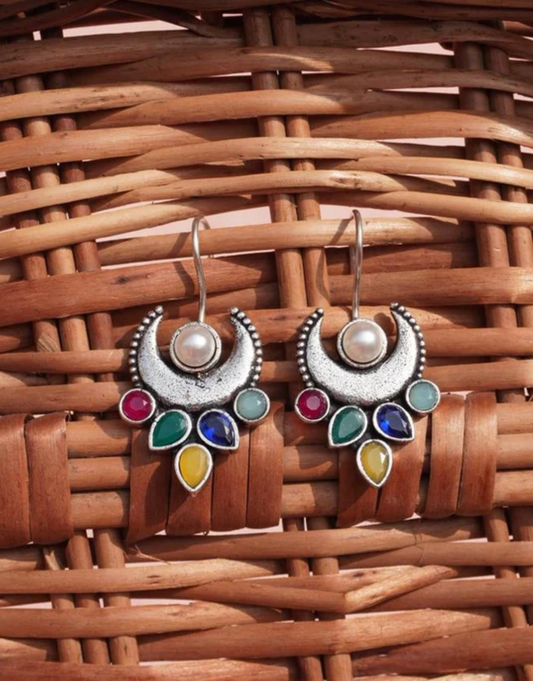 Crescent Moon Earrings with Pearl and Multi-Color Stones