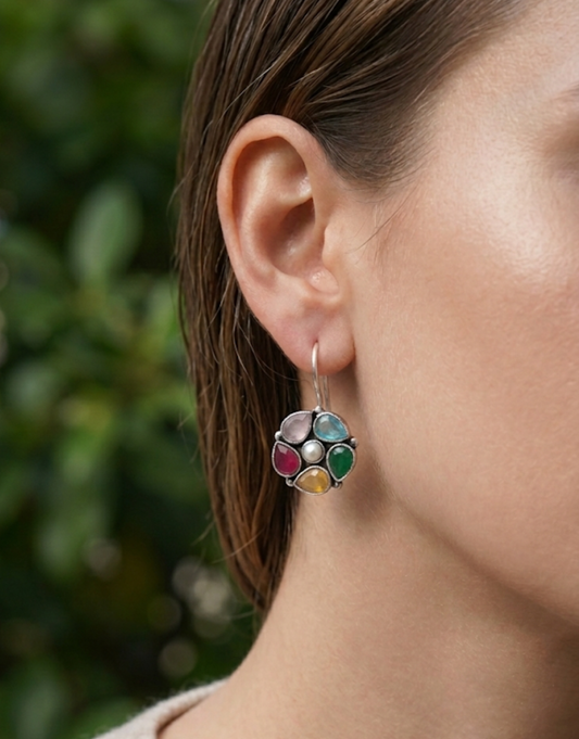 Multicolor Gemstone Flower Drop Earrings in Sterling Silver