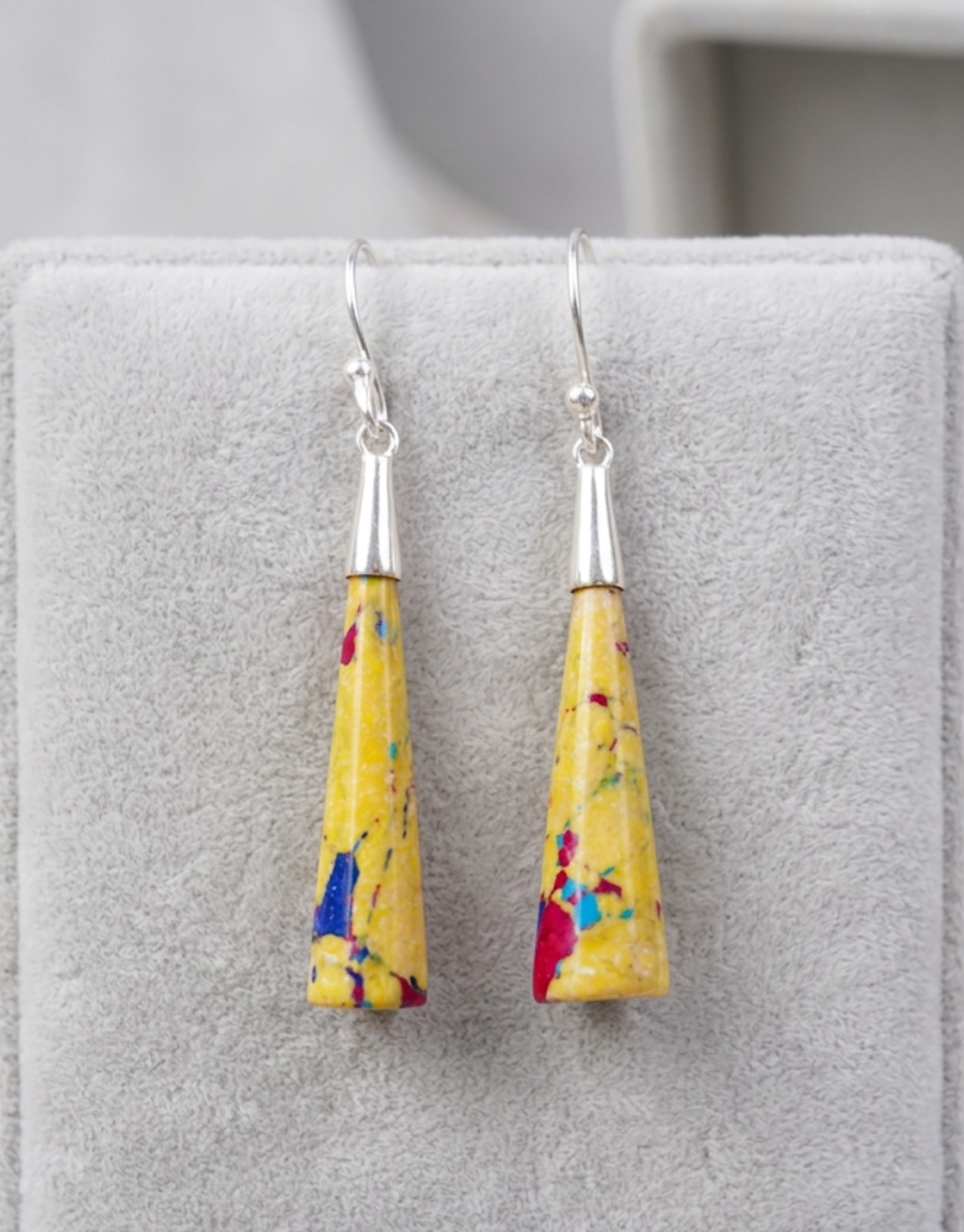 Yellow Mosaic Stone Drop Earrings - Vibrant Multi-Color Inlay in Sterling Silver Hooks